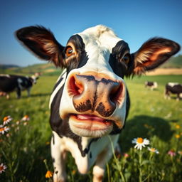 A close-up view of a beautiful, glossy black and white Holstein cow standing in a lush green pasture