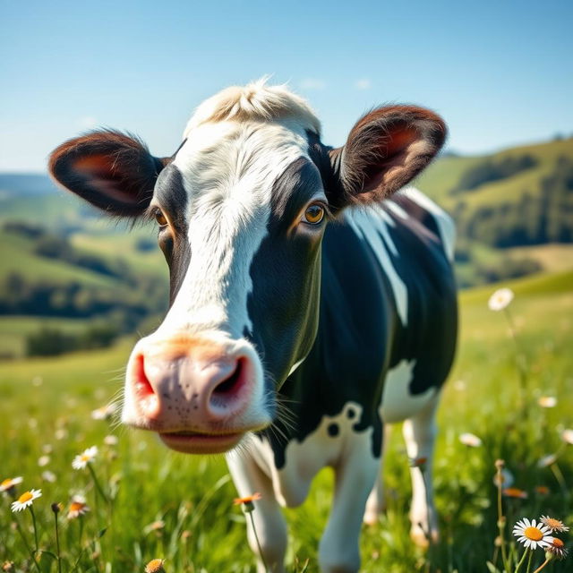 A close-up view of a beautiful, glossy black and white Holstein cow standing in a lush green pasture