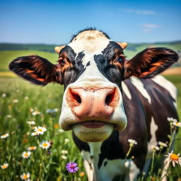 A close-up view of a beautiful, glossy black and white Holstein cow standing in a lush green pasture