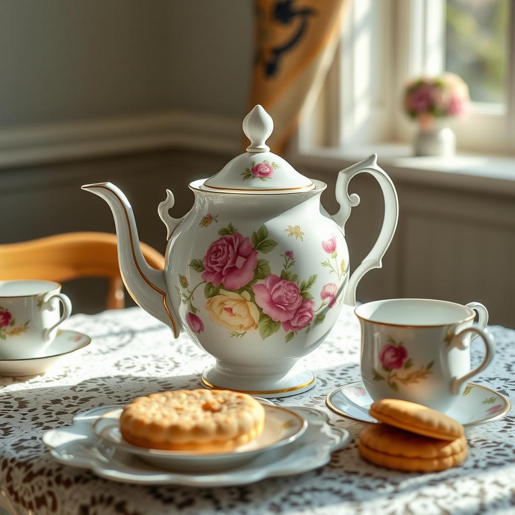 An elegant vintage porcelain teapot with intricate floral patterns in soft pastel colors