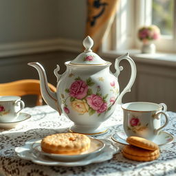 An elegant vintage porcelain teapot with intricate floral patterns in soft pastel colors