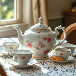 An elegant vintage porcelain teapot with intricate floral patterns in soft pastel colors