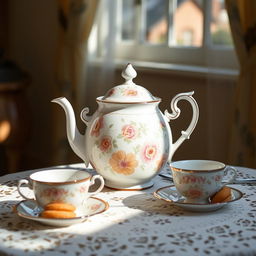 An elegant vintage porcelain teapot with intricate floral patterns in soft pastel colors