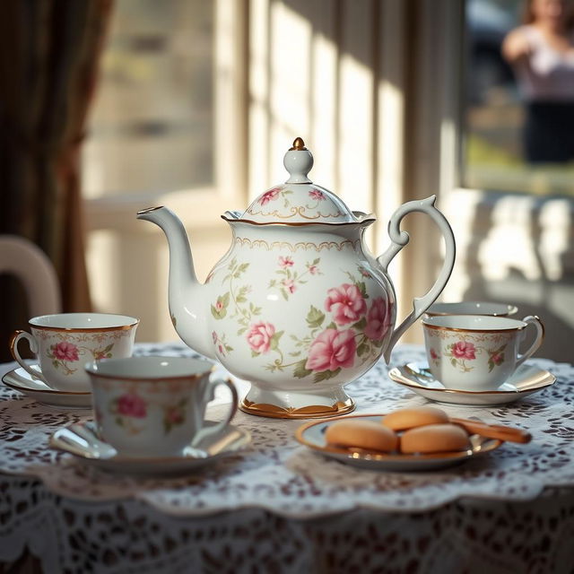 An elegant vintage porcelain teapot with intricate floral patterns in soft pastel colors