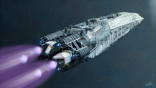 A massive futuristic spacecraft in space, intricately designed with numerous mechanical details