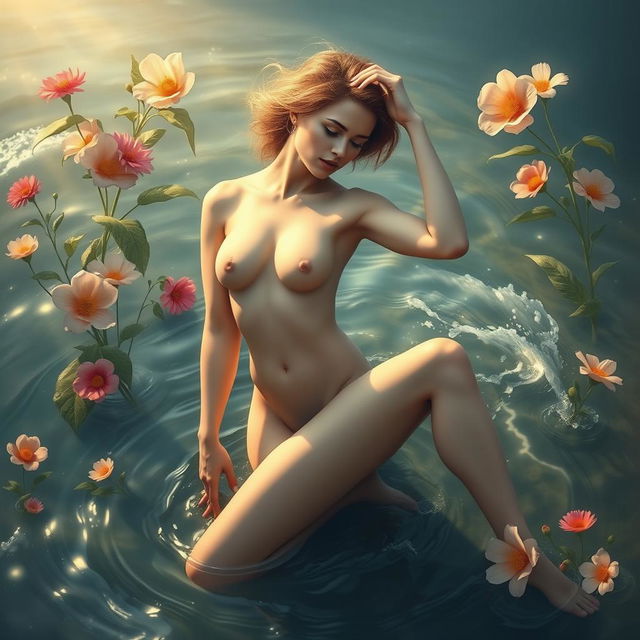 An artistic representation of a nude woman in a serene natural setting, embodying grace and beauty