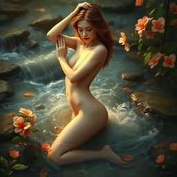 An artistic representation of a nude woman in a serene natural setting, embodying grace and beauty