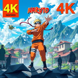 A vibrant and detailed 4K image inspired by Naruto, featuring iconic elements like ninjas, mountains, and a bright blue sky