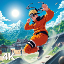 A vibrant and detailed 4K image inspired by Naruto, featuring iconic elements like ninjas, mountains, and a bright blue sky