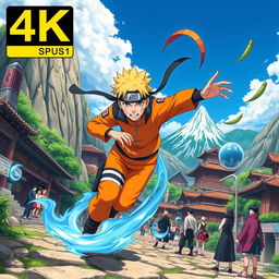 A vibrant and detailed 4K image inspired by Naruto, featuring iconic elements like ninjas, mountains, and a bright blue sky