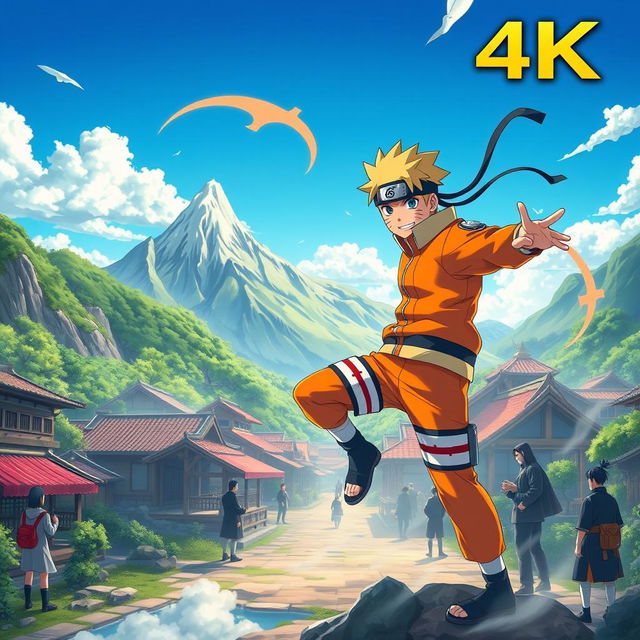 A vibrant and detailed 4K image inspired by Naruto, featuring iconic elements like ninjas, mountains, and a bright blue sky