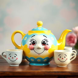 A whimsical ceramic teapot featuring a charming face on its front, with playful wide eyes and a joyful smile