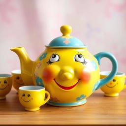 A whimsical ceramic teapot featuring a charming face on its front, with playful wide eyes and a joyful smile