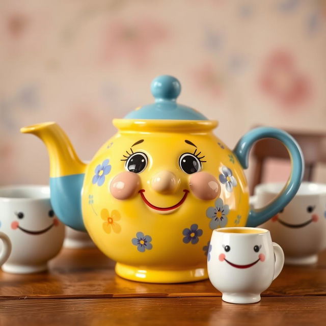 A whimsical ceramic teapot featuring a charming face on its front, with playful wide eyes and a joyful smile