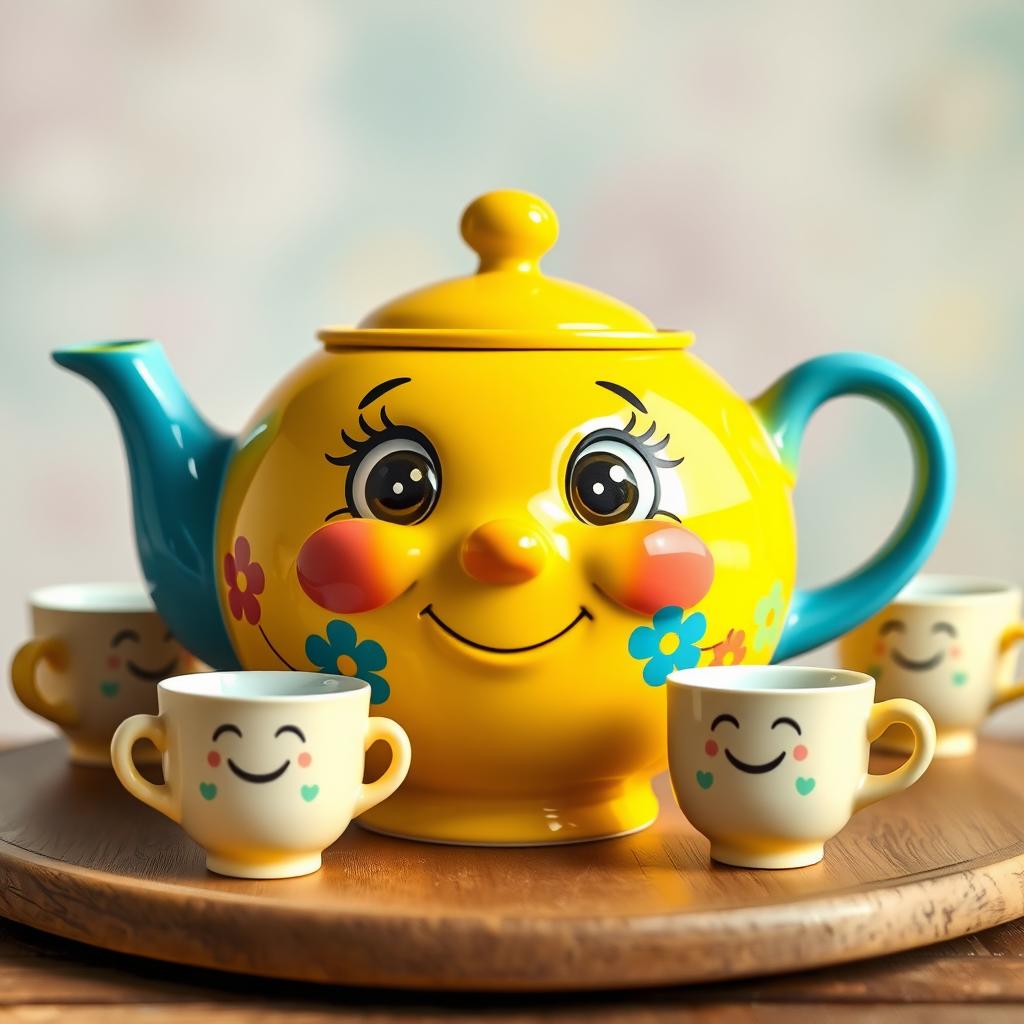 A whimsical ceramic teapot featuring a charming face on its front, with playful wide eyes and a joyful smile