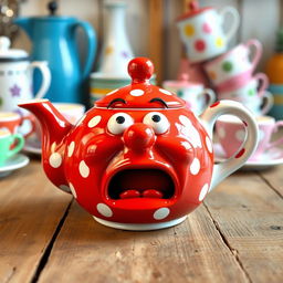 A whimsical ceramic teapot featuring a comically scared face, with wide eyes and an open mouth in a surprised expression