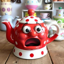 A whimsical ceramic teapot featuring a comically scared face, with wide eyes and an open mouth in a surprised expression