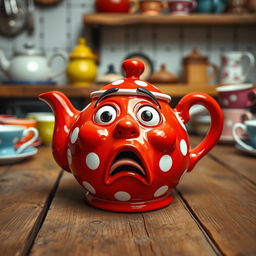 A whimsical ceramic teapot featuring a comically scared face, with wide eyes and an open mouth in a surprised expression