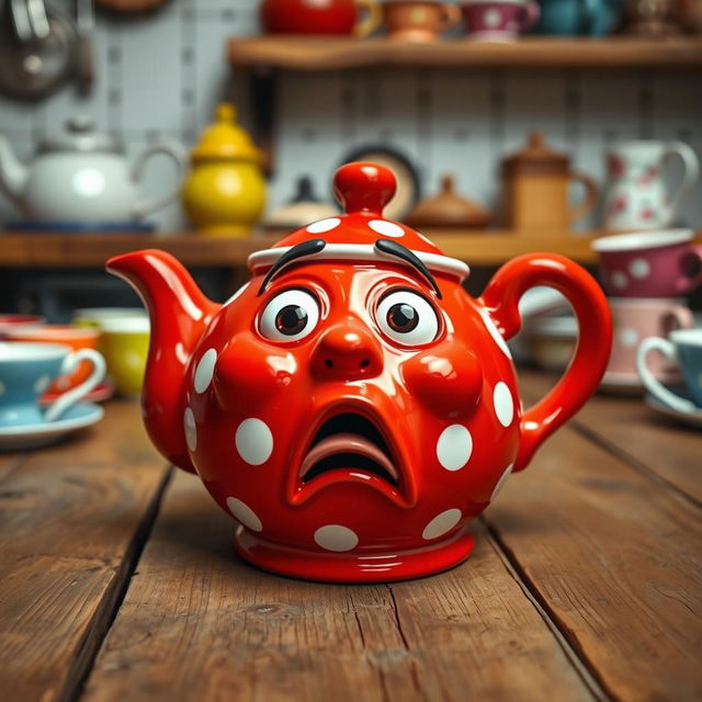 A whimsical ceramic teapot featuring a comically scared face, with wide eyes and an open mouth in a surprised expression