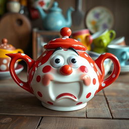 A whimsical ceramic teapot featuring a comically scared face, with wide eyes and an open mouth in a surprised expression