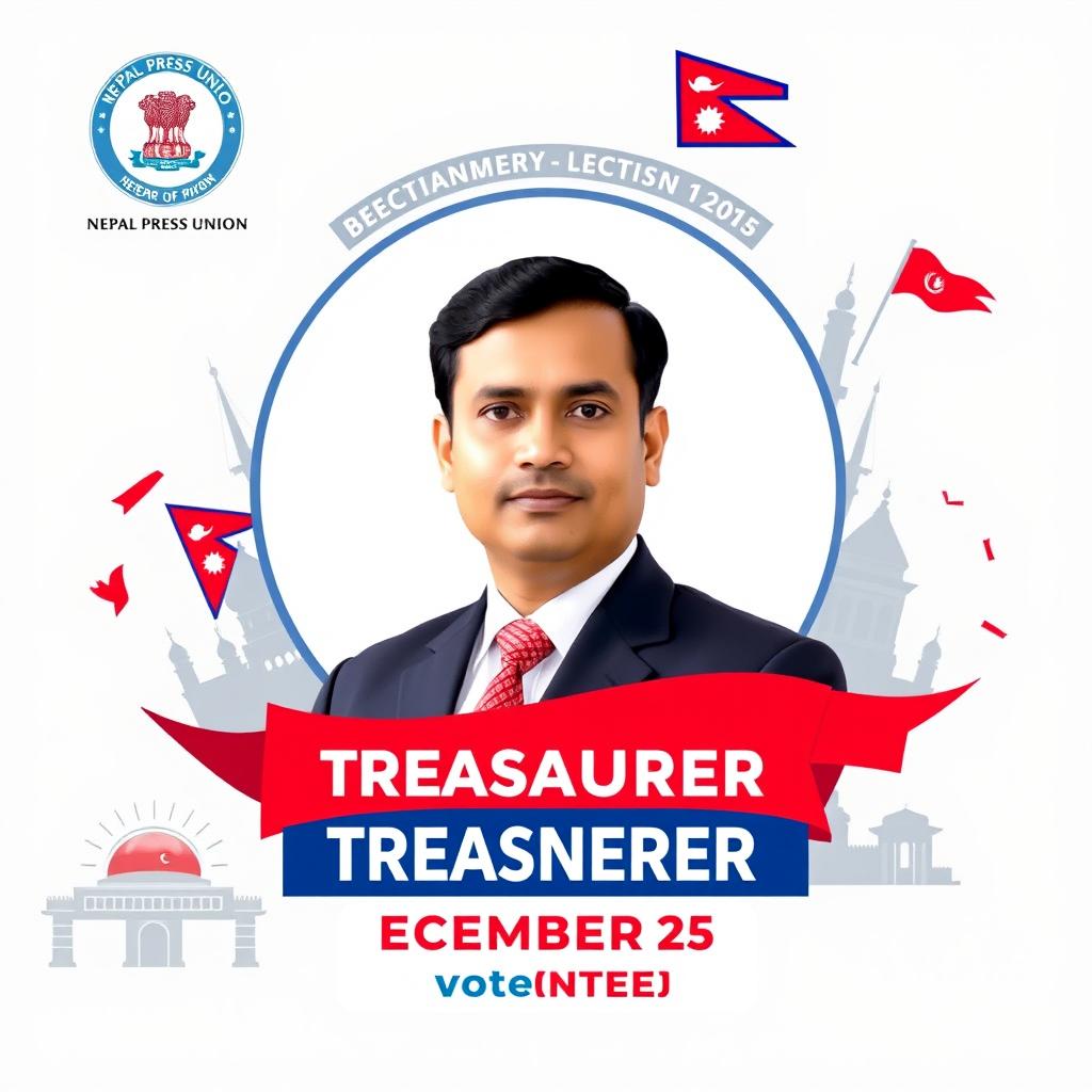 Design a promotional graphic for a candidacy for the Treasurer position in the upcoming election on December 14, integrating the logo of the Nepal Press Union