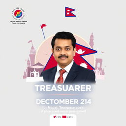 Design a promotional graphic for a candidacy for the Treasurer position in the upcoming election on December 14, integrating the logo of the Nepal Press Union