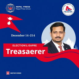 Design a promotional graphic for a candidacy for the Treasurer position in the upcoming election on December 14, integrating the logo of the Nepal Press Union