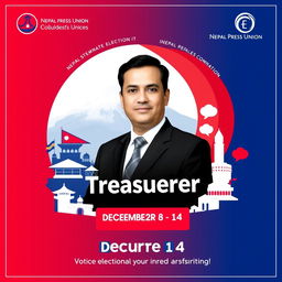 Design a promotional graphic for a candidacy for the Treasurer position in the upcoming election on December 14, integrating the logo of the Nepal Press Union
