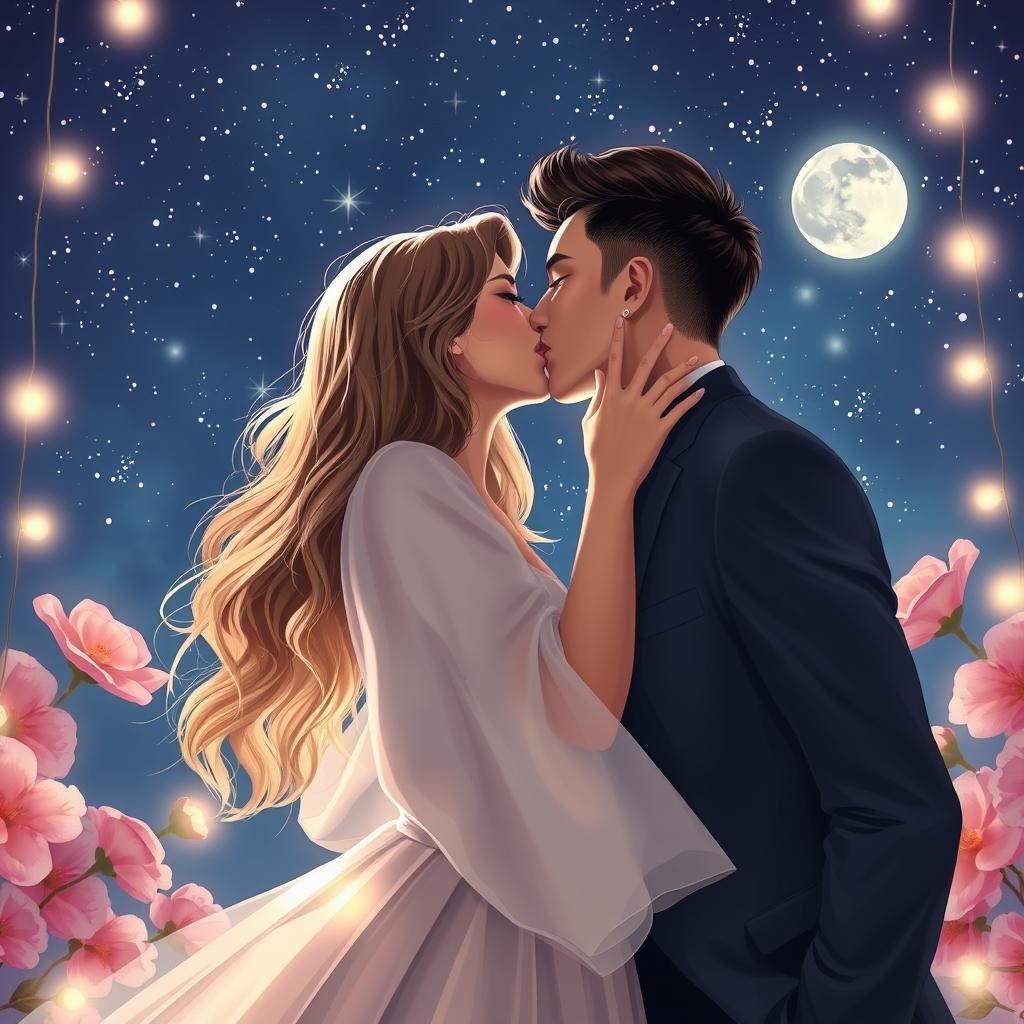 A romantic scene depicting two beautiful people passionately kissing each other under a starry night sky