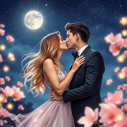A romantic scene depicting two beautiful people passionately kissing each other under a starry night sky