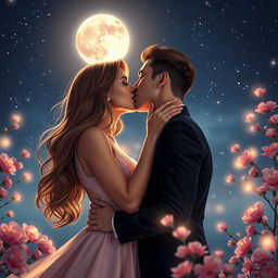 A romantic scene depicting two beautiful people passionately kissing each other under a starry night sky