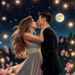 A romantic scene depicting two beautiful people passionately kissing each other under a starry night sky