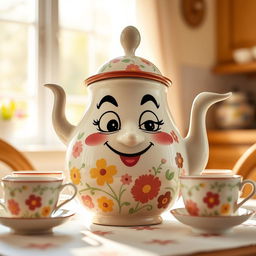 A whimsical and playful tea pot character with a cheeky, mischievous face, featuring exaggerated facial expressions