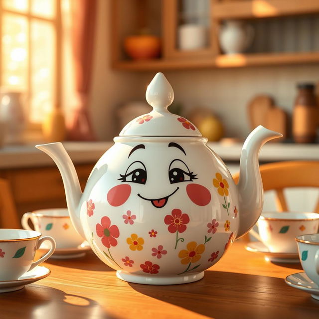 A whimsical and playful tea pot character with a cheeky, mischievous face, featuring exaggerated facial expressions