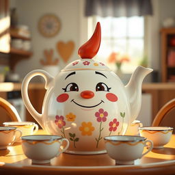 A whimsical and playful tea pot character with a cheeky, mischievous face, featuring exaggerated facial expressions