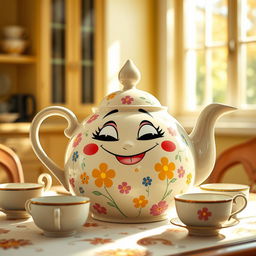 A whimsical and playful tea pot character with a cheeky, mischievous face, featuring exaggerated facial expressions