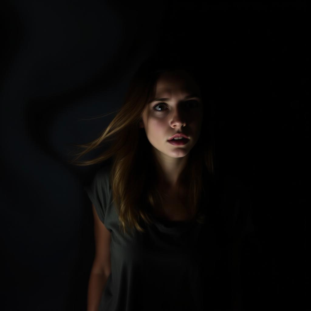 A young woman standing against a dark and eerie background, her face illuminated by a faint light