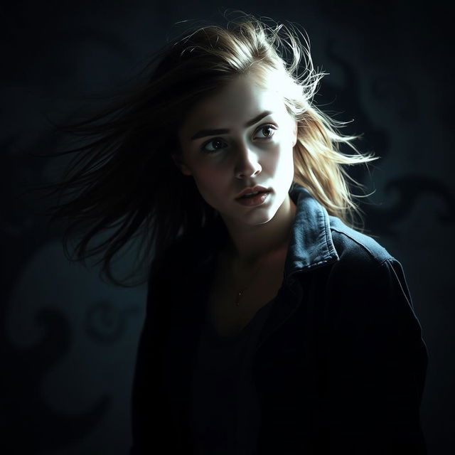 A young woman standing against a dark and eerie background, her face illuminated by a faint light