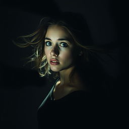 A young woman standing against a dark and eerie background, her face illuminated by a faint light