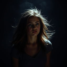 A young woman standing against a dark and eerie background, her face illuminated by a faint light