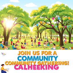 A vibrant and colorful poster design for a public invitation featuring an open park setting filled with people enjoying various activities like picnicking, playing games, and relaxing under trees
