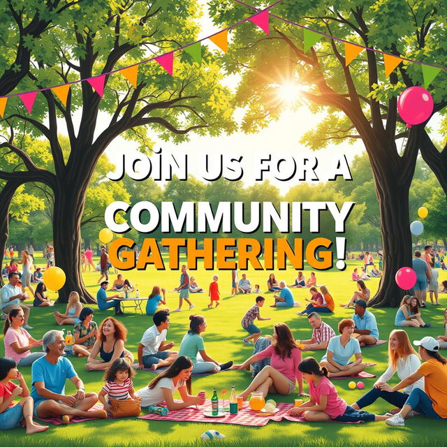 A vibrant and colorful poster design for a public invitation featuring an open park setting filled with people enjoying various activities like picnicking, playing games, and relaxing under trees