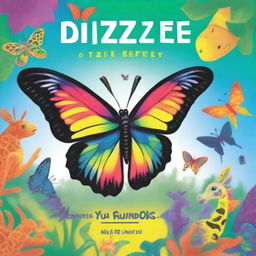 A high-quality illustration cover shows Dizzle, a brightly colored butterfly, soaring against a backdrop of diverse animals like a giraffe, long horn Texas cow, iguana, sheep, alligator, snake, and another iguana from around the world