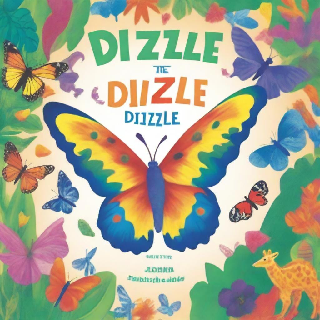 A high-quality illustration cover shows Dizzle, a brightly colored butterfly, soaring against a backdrop of diverse animals like a giraffe, long horn Texas cow, iguana, sheep, alligator, snake, and another iguana from around the world