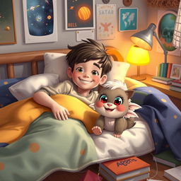 A cozy bedroom scene featuring a cheerful boy lying on his bed, surrounded by soft pillows and colorful blankets