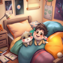 A cozy bedroom scene featuring a cheerful boy lying on his bed, surrounded by soft pillows and colorful blankets