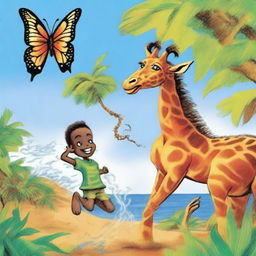 Page 1 of 'Dizzle the Butterfly' features a vivid, semi-dramatic illustration of Dizzle being swept away by a hurricane from his Caribbean homeland to Africa