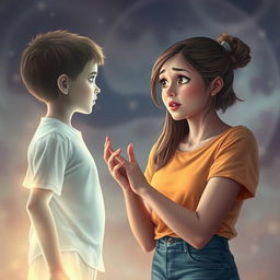 A young woman engaged in a deep conversation with a translucent, ethereal boy who appears as a hallucination