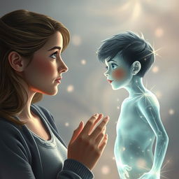 A young woman engaged in a deep conversation with a translucent, ethereal boy who appears as a hallucination