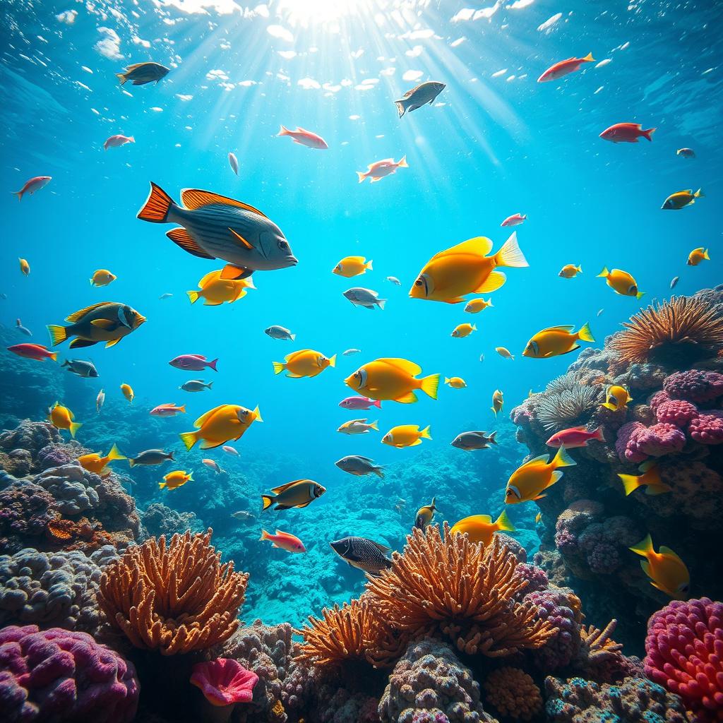 A vibrant underwater scene featuring various species of colorful fish swimming gracefully among coral reefs